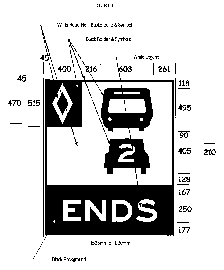 Illustration of Figure F - ground mounted sign with HOV diamond symbol, bus, car with 2 inside it, and text ENDS. 