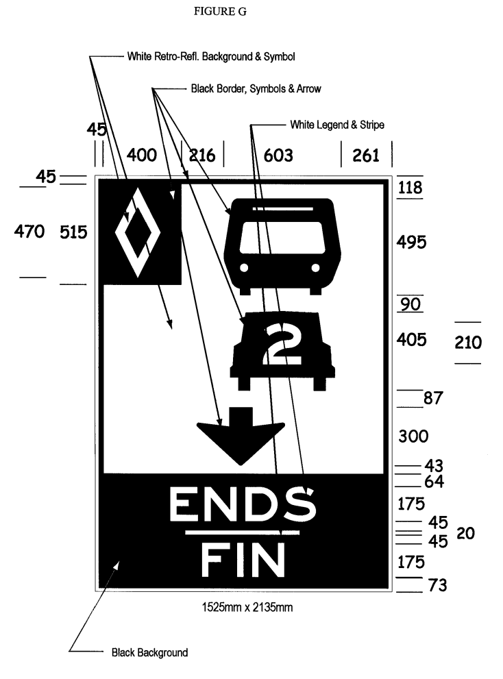 Illustration of Figure G - overhead sign with HOV diamond symbol, bus, car with 2 inside it, text END/FIN and down arrow. 