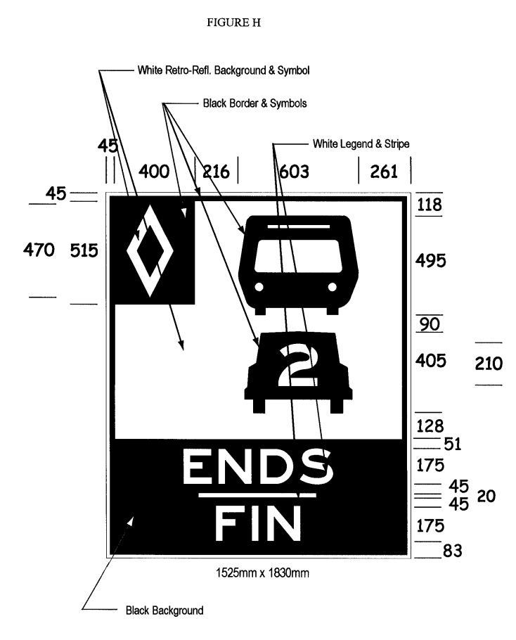 Illustration of Figure H - ground mounted sign with HOV diamond symbol, bus, car with 2 inside it, and text ENDS/FIN. 