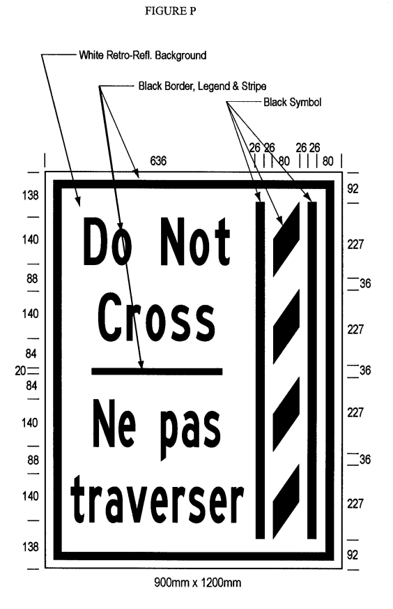 Illustration of Figure P - ground-mounted sign of a buffer zone and to its left the text Do Not Cross/Ne pas traverser. 