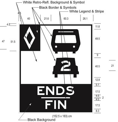 Illustration of Figure H - ground mounted sign with HOV diamond symbol, bus, car with 2 inside it, and text ENDS/FIN.