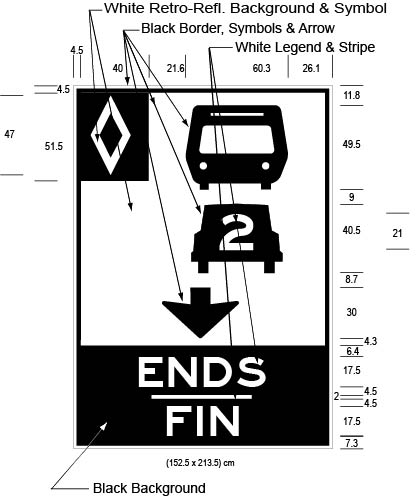 Illustration of Figure G - overhead sign with HOV diamond symbol, bus, car with 2 inside it, down arrow and text ENDS/FIN.