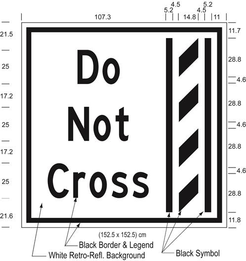 Illustration of Figure J - overhead sign of a buffer zone and to its left the text Do Not Cross.