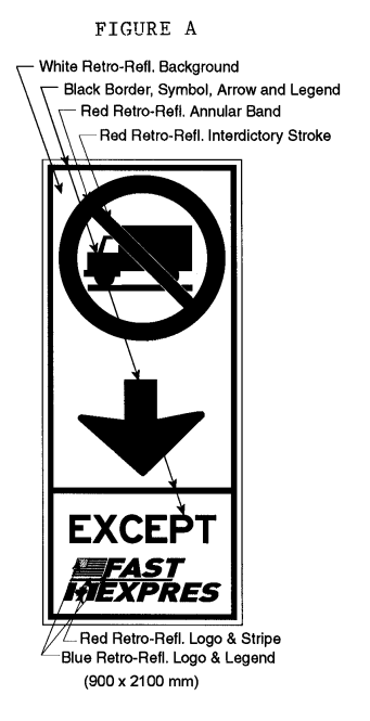Illustration of Figure A - overhead border approach lane sign of a No Trucks symbol, down arrow and text EXCEPT FAST/EXPRES.