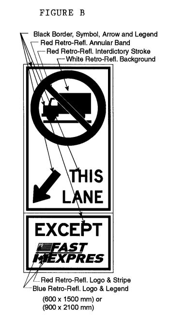 Illustration of Figure B - sign with a No Trucks symbol, downward left arrow with text THIS LANE and EXCEPT FAST/EXPRES.