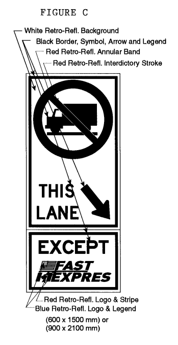 Illustration of Figure C - sign with a No Trucks symbol, downward right arrow with text THIS LANE and EXCEPT FAST/EXPRES.