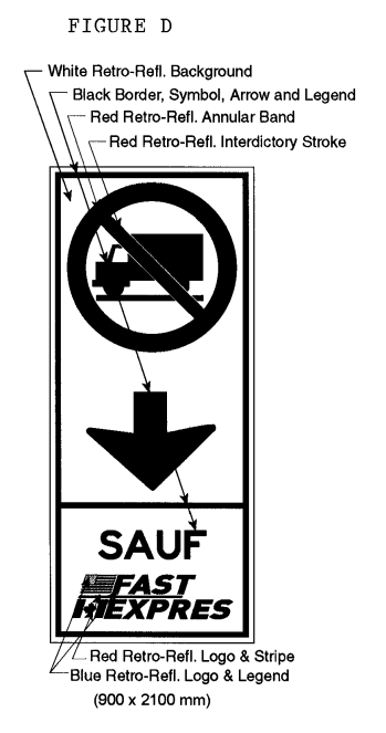 Illustration of Figure D - overhead border approach lane sign of a No Trucks symbol, down arrow and text SAUF FAST/EXPRES.