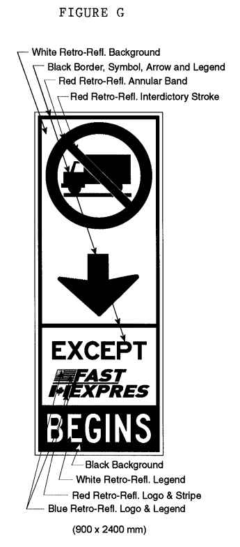 Illustration of Figure G - sign with a No Trucks symbol, down arrow, text EXCEPT FAST/EXPRES, and text BEGINS.