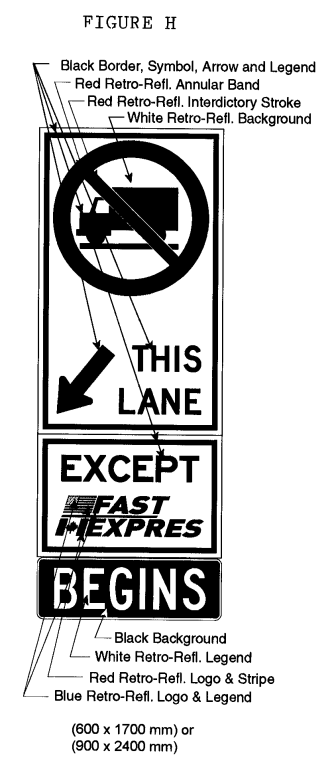 Illustration of Figure H - sign with a No Trucks symbol, arrow with text THIS LANE, EXCEPT FAST/EXPRES, and BEGINS.