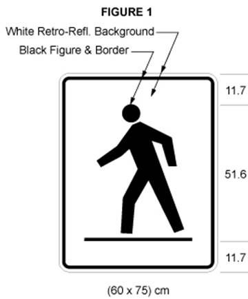 Illustration of sign 60cm wide and 75 cm high with a black symbol of a person crossing a road from right to left on white retro-reflective background