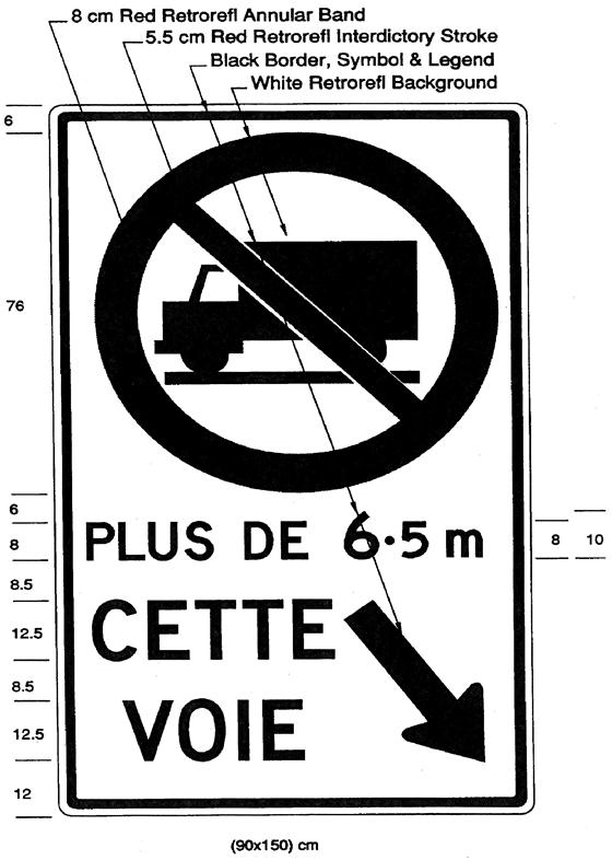 Illustration of a sign with Trucks Prohibited symbol and text PLUS DE 6.5 m, CETTE VOIE with downward right arrow.