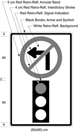 Illustration of sign with a no left turn symbol above symbol of traffic signal light with red light on.