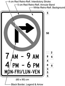 Illustration of sign with a no right turn symbol, text 