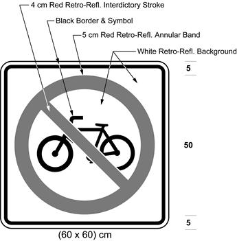 Illustration of sign with bicycle symbol inside red interdictory symbol on white background. 
