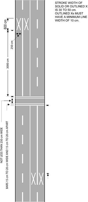 Diagram of pavement markings for pedestrian crossover not at intersection.