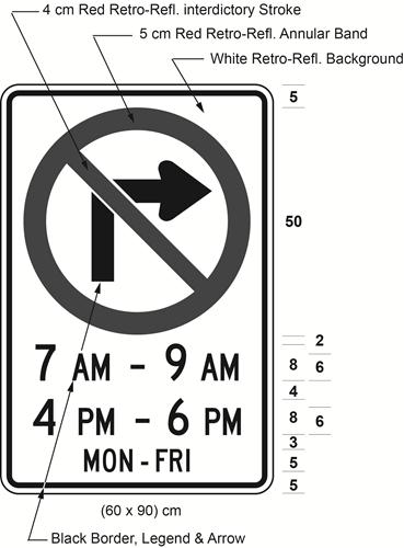 Illustration of sign with a no right turn symbol, text 7 AM - 9 AM, 4 PM - 6 PM, MON-FRI.
