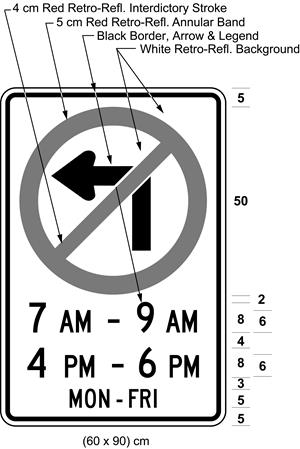 Illustration of sign with a no left turn symbol, text 7 AM - 9 AM, 4 PM - 6 PM, MON-FRI.