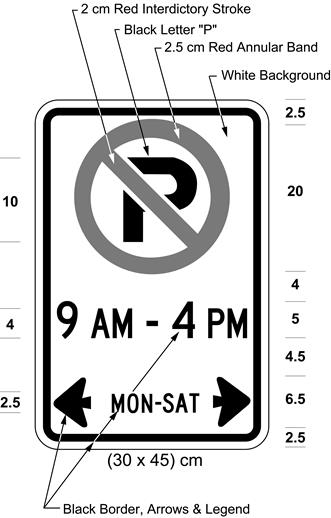Illustration of sign with a no parking symbol, text 9 AM - 4 PM, MON-SAT with left and right arrows.