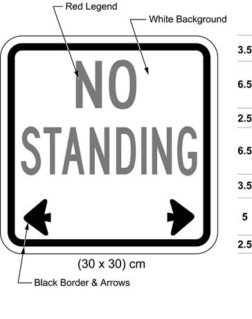 Illustration of sign with red text NO STANDING with black arrows pointing left and right.