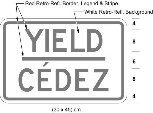 Illustration of tab sign with red text YIELD / CÉDEZ on white background with red border.