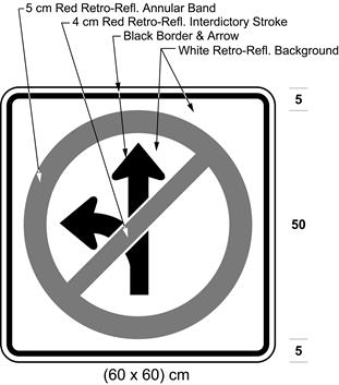 Illustration of sign with a no left turn or proceeding straight symbol.