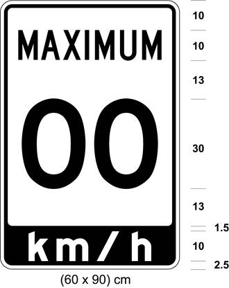 Illustration of sign with black text MAXIMUM 00 on white background above white text km/h on black background.