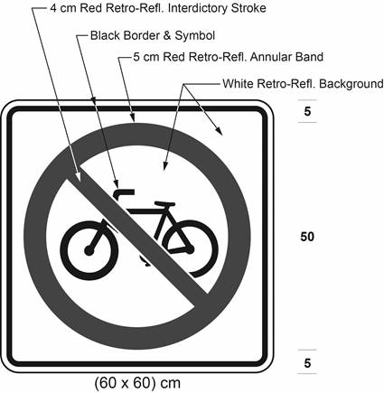 Illustration of sign with bicycle symbol inside a red interdictory symbol on white background. 