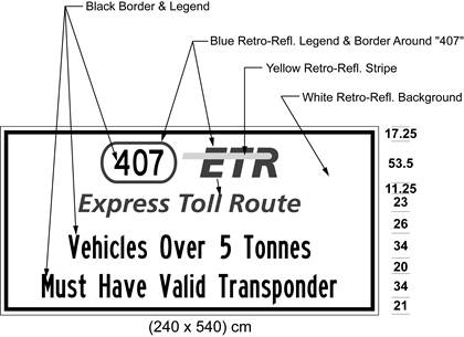 Illustration of sign with 407 ETR symbol and text Vehicles Over 5 Tonnes Must Have Valid Transponder. 