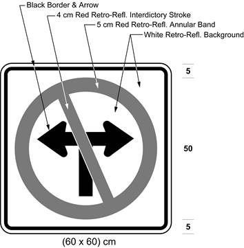 Illustration of sign with a no left or right turn symbol.