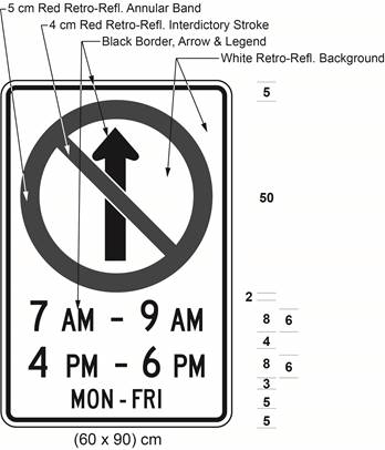 Illustration of sign with a no proceeding straight symbol, text 7 AM - 9 AM, 4 PM - 6 PM, and MON-FRI.