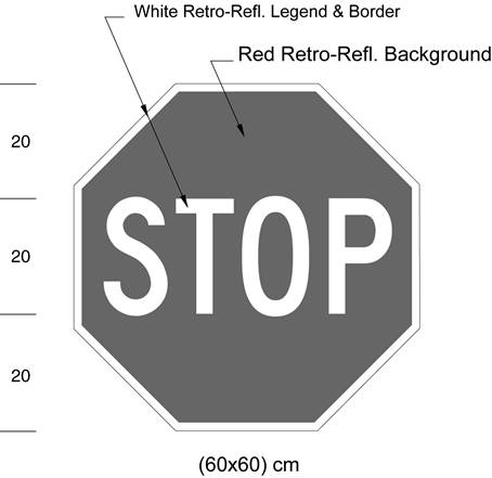 Illustration of sign with white text STOP on red octagonal background with white border. 