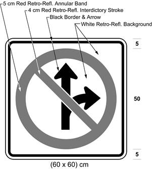 Illustration of sign with a no right turn or proceeding straight symbol.