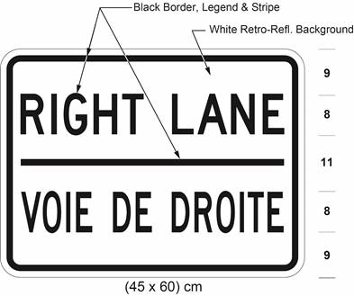 Illustration of tab sign with text RIGHT LANE / VOIE DE DROITE. 
