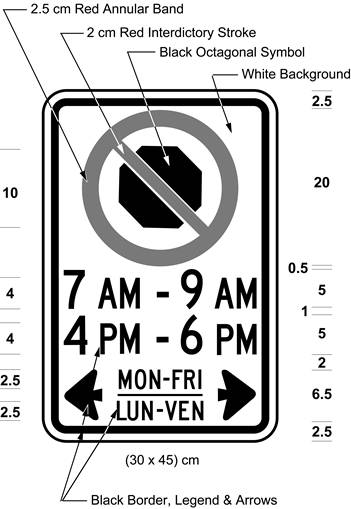 Illustration of sign with a no stopping symbol and text 7 AM - 9 AM, 4 PM - 6 PM, MON-FRI / LUN-VEN with arrows.
