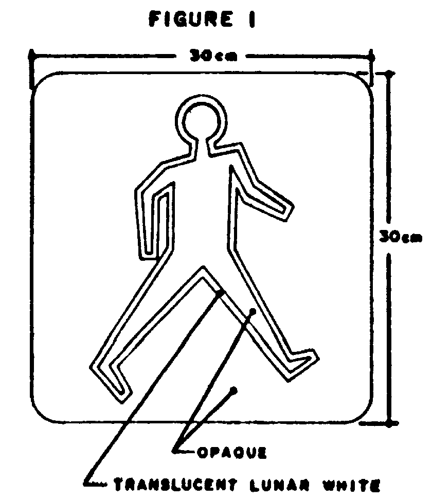 Illustration of Figure 1 - outlined symbol of walking pedestrian in lunar white on opaque background in 30 cm x 30 cm square.