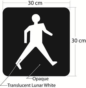 Illustration of Figure 2 - solid symbol of walking pedestrian in lunar white on opaque background in 30 cm x 30 cm square.