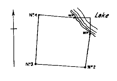 Diagram of claim where No. 1 post would be in lake. Witness posts on lake edge at north and east boundaries.