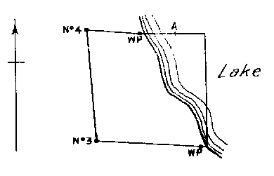 Diagram of claim without No. 1 post. Witness posts on lake edge at north boundary and southeast corner. Point A in lake.