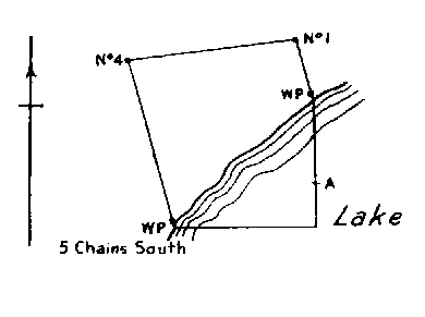 Diagram of claim without No. 3 and 4 posts. Witness posts on lake edge on east boundary and southeast. Point A in lake.