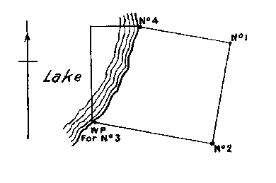 Diagram of a claim without No. 3 post. Witness post at southeast corner and No. 4 post are on lake edge.