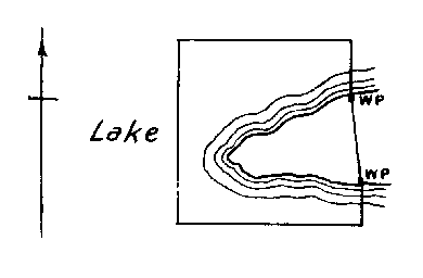Diagram of claim with no numbered posts. Land protrudes across east boundary with witness posts on either side at lake edge.