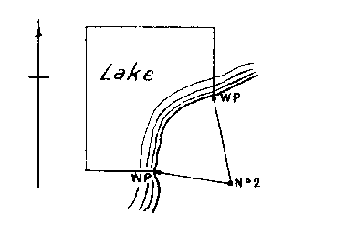 Diagram of claim where No. 1, 3 and 4 posts would be in lake. Witness posts on lake edge on east and south boundaries.
