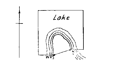 Diagram of claim with no numbered posts. Land protrudes across south boundary with witness posts on either side at lake edge.