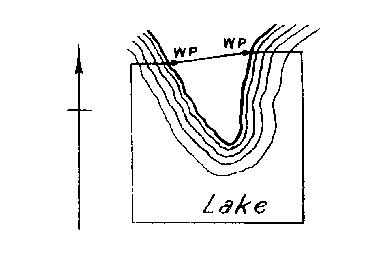 Diagram of claim with no numbered posts. Land protrudes across north boundary with witness posts on either side at lake edge.