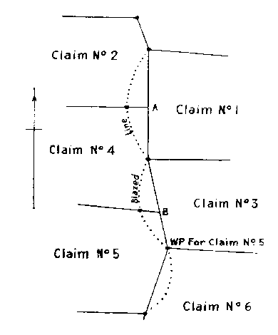 Diagram of adjacent claims. Claims 2, 4 and 5 are on west. Claims 1, 3, and 6 are on east. Points A and B along boundaries.