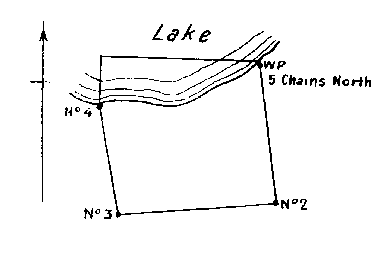Diagram of claim without No. 1 post. Witness post at northeast corner and No. 4 post are on lake edge.