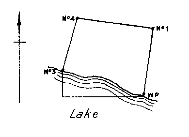 Diagram of a claim without No. 2 post. No. 3 post and witness post on southeast corner are on lake edge.