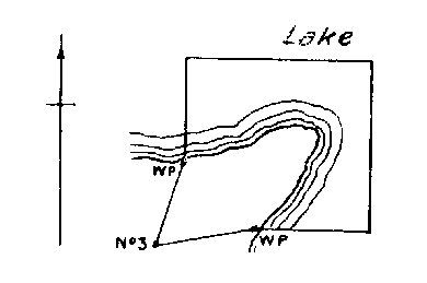 Diagram of claim where No. 1, 2 and 4 posts would be in lake. Witness posts on lake edge on west and south boundaries.