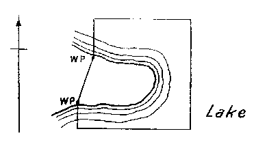 Diagram of claim with no numbered posts. Land protrudes across west boundary with witness posts on either side at lake edge.