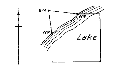 Diagram of claim where No. 4 post would be in lake. Witness posts on lake edge on north and west boundaries.